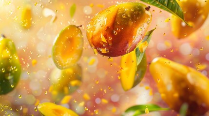 Mangoes flying chaotically in the air, bright saturated background, spotty colors, professional food photo - obrazy, fototapety, plakaty