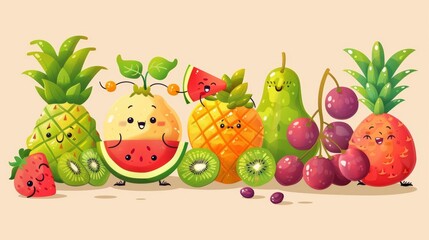 On beige background, cartoon tropical fruits do summer activities, including watermelon, pineapple, grapes, kiwis, and cantaloupes.