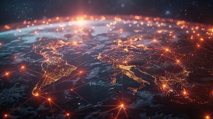 Global Connectivity: A 3D vector illustration of a digital network map with lines connecting cities
