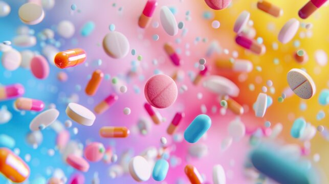 Medicine tablets flying chaotically in the air, bright saturated background, spotty colors, professional food photo