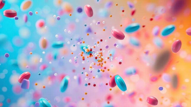 Medicine tablets flying chaotically in the air, bright saturated background, spotty colors, professional food photo