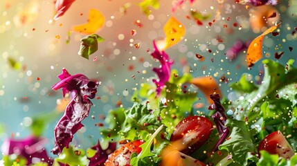 Mix salad leaves flying chaotically in the air, bright saturated background, spotty colors,...