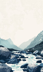 Fototapeta na wymiar Illustration of a river flowing through a rocky mountain landscape.