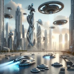 futuristic scene with skyscrapers, hovercrafts and robots - obrazy, fototapety, plakaty