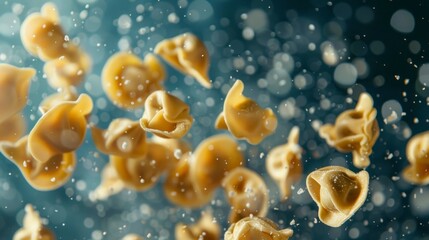 Pelmeni flying chaotically in the air, bright saturated background, spotty colors, professional food photo