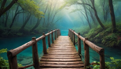 A mystical wooden bridge crosses a tranquil forest stream, shrouded in mist and bathed in ethereal morning light.. AI Generation