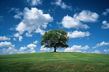 Fototapeta na wymiar Lonely tree on green meadow and blue sky with clouds