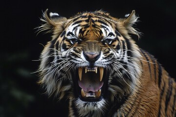 Close up of a tiger showing his teeth in the dark background - obrazy, fototapety, plakaty