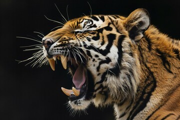 Close-up of a tiger yawning and showing its teeth