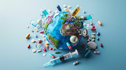 Global Health: A 3D vector illustration of a globe with medical symbols