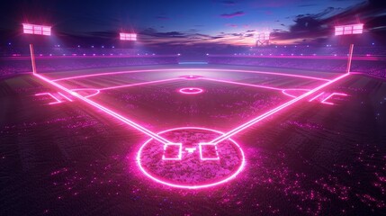 Glowing Neon Baseball: A 3D vector illustration of a baseball diamond glowing in neon pink and purple