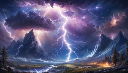 An artful depiction of a dramatic lightning storm illuminating the sky above a serene mountain valley with a small campfire glowing at night.. AI Generation