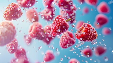 Raspberries flying chaotically in the air, bright saturated background, spotty colors, professional food photo