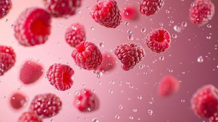Fototapeta premium Raspberries flying chaotically in the air, bright saturated background, spotty colors, professional food photo