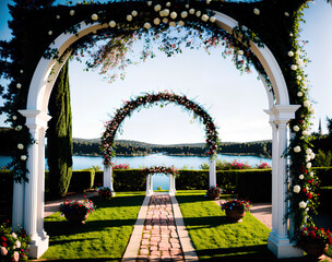 A beautiful wedding ceremony taking place on a lawn overlooking a lake. - Powered by Adobe