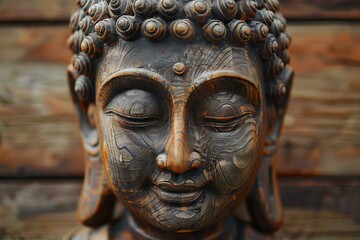 Buddha statue on the background of a wooden wall, close-up