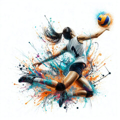Fototapeta premium Abstract silhouette of a volleyball player woman in watercolor