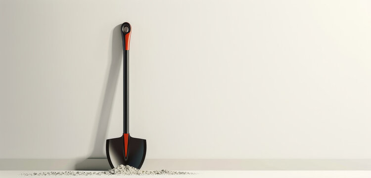 Simple gardening trowel with a metal handle on a white surface with copy space for text.