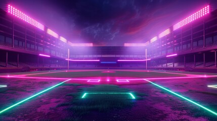 Glowing Neon Baseball: A 3D vector illustration of a baseball field with neon purple and green