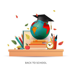 Education concept, a globe of the world with textbooks and a college graduate cap, design elements isolated on white background, vector illustration