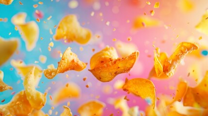 Obraz na płótnie Canvas Riffled chips flying chaotically in the air, bright saturated background, spotty colors, professional food photo
