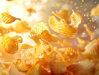 Riffled chips flying chaotically in the air, bright saturated background, spotty colors, professional food photo - obrazy, fototapety, plakaty