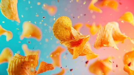Riffled chips flying chaotically in the air, bright saturated background, spotty colors, professional food photo
