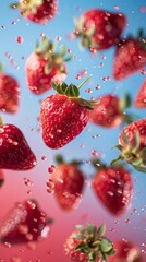 Strawberries flying chaotically in the air, bright saturated background, spotty colors, professional food photo