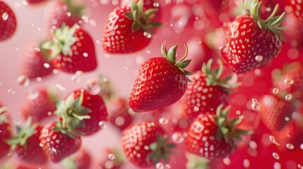 Strawberries flying chaotically in the air, bright saturated background, spotty colors, professional food photo
