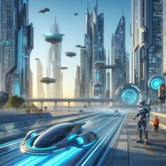 futuristic scene with skyscrapers, hovercrafts and robots - obrazy, fototapety, plakaty