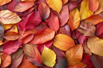 Fototapeta premium Beautiful colorful autumn fallen leaves top view. AI generated