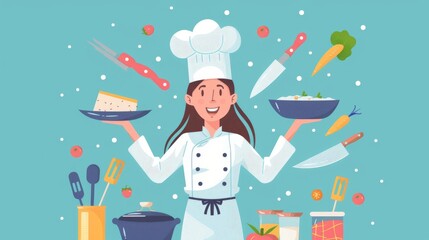 A smiling woman chef holds a dish with cooking tools arranged around her, flat illustration.