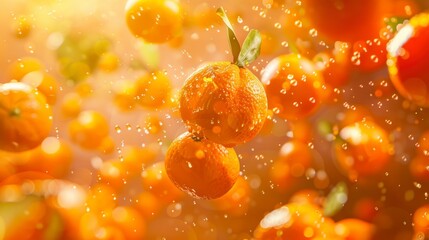 Tangerines flying chaotically in the air, bright saturated background, spotty colors, professional food photo