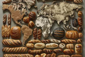 Photo sur Plexiglas Pain A top-down layout of breads forming the map of the world, highlighting global baking traditions