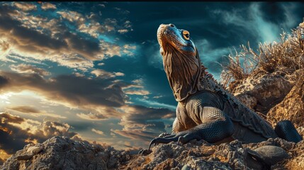 A Komodo dragon standing in a field with a spectacular sky in the background