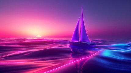 Glowing Neon Sailing: A 3D vector illustration of a sailboat with neon sails