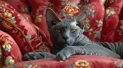 Sphynx Cat Perched atop Velvet Cushion, Gaze Piercing with Royal Dignity.
