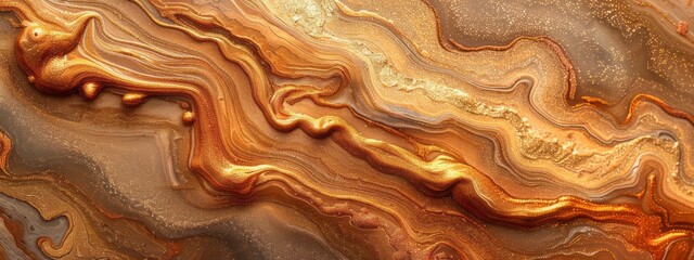 Abstract fluid art background dark golden and copper colors. Liquid marble. Acrylic painting on canvas with brown lines and gradient. Alcohol ink backdrop with glitter wavy pattern.