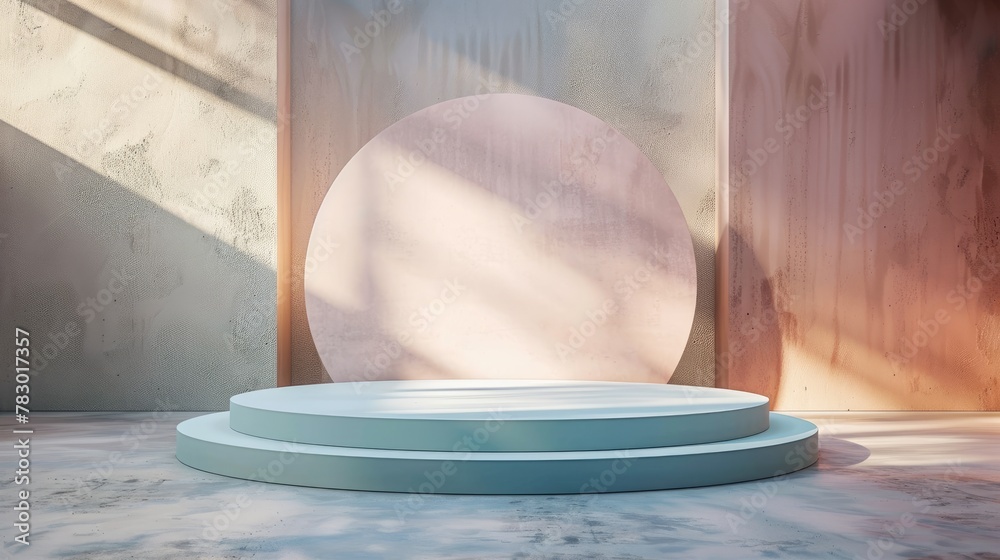 Poster This 3D render showcases a modern round podium illuminated by natural sunlight against a textured backdrop