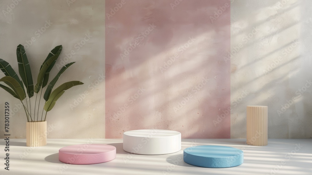 Poster This 3D render showcases a modern round podium illuminated by natural sunlight against a textured backdrop