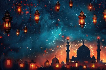 A festive and bright Ramadan Kareem greeting featuring lanterns, stars, and a mosque silhouette against a night sky backdrop - obrazy, fototapety, plakaty