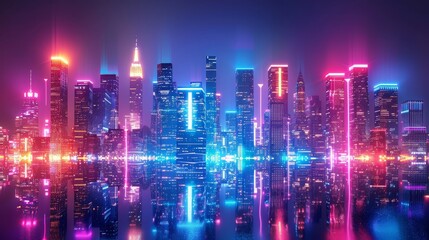Fototapeta premium Glowing Neon Surfing: A 3D vector illustration of a city skyline at night