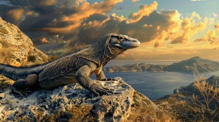Fototapeta premium A Komodo dragon standing in a field with a spectacular sky in the background