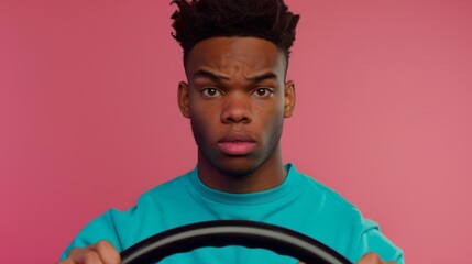 Man Holding a Steering Wheel