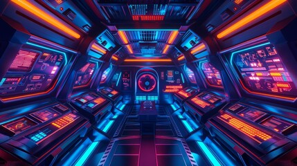 Glowing Neon Surfing: A 3D vector illustration of a futuristic spaceship interior