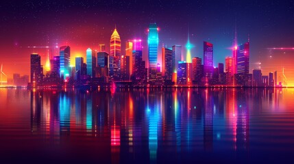 Glowing Neon Surfing: A 3D vector illustration of a futuristic cityscape at night