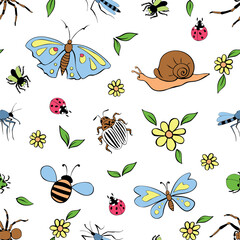 Seamless childish pattern with cute flowers, butterfly, snails, bugs. Insects on glade. Vector illustration. For textile, print, kids surface design