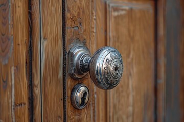 Vintage door knob on weathered wooden door