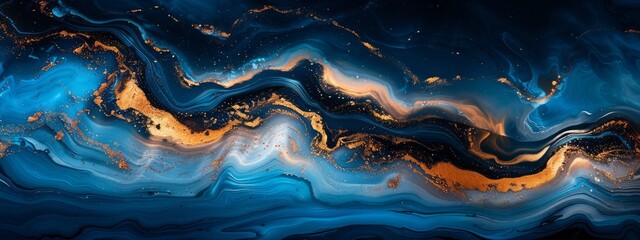 Fototapeta na wymiar Fluid Art. Liquid Metallic Gold in abstract blue wave. Marble effect background or texture.