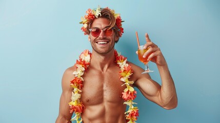 Full length young man in red shorts swimsuit stand sup board hold alcohol cocktail point thumb finger on himself isolated on blue background Summer vacation - obrazy, fototapety, plakaty